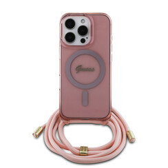Guess iPhone 16 Backcover hoesje  - Magsafe IML crossbody cord script - Roze
