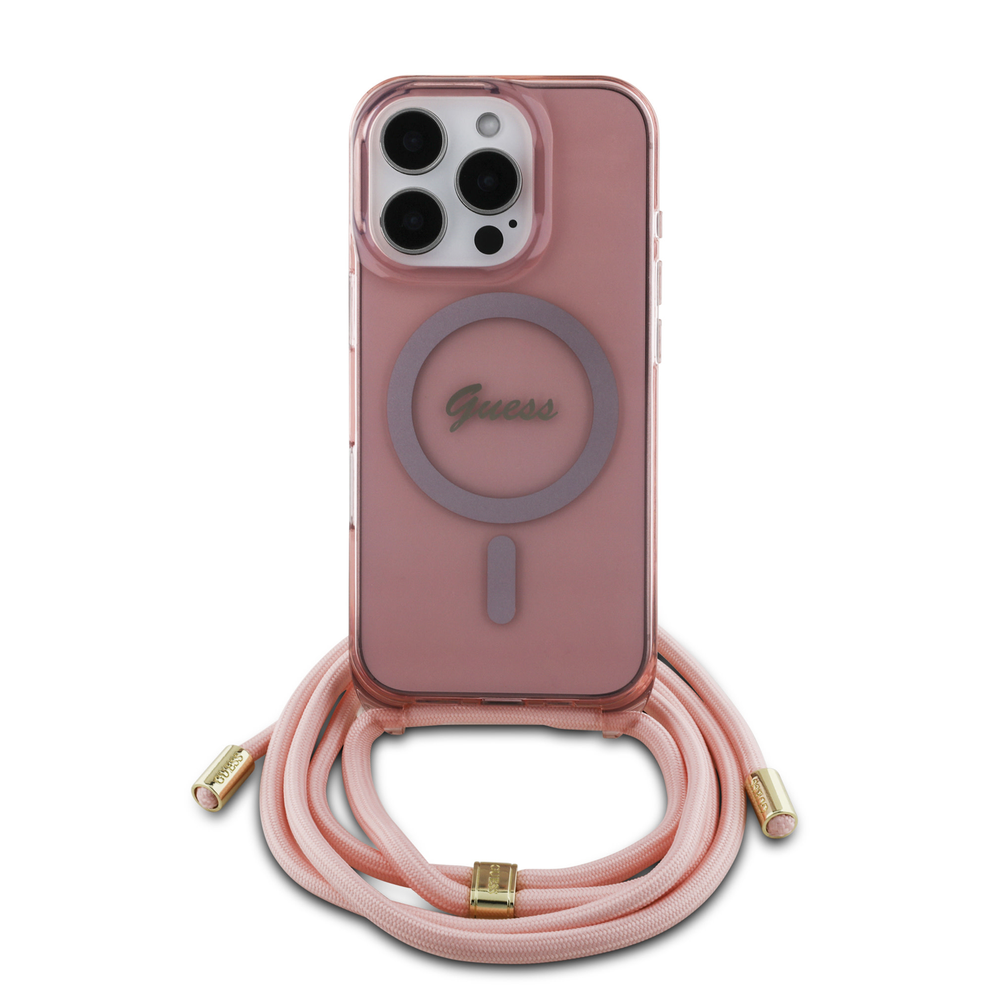 Guess Guess iPhone 16 Backcover hoesje - Magsafe IML crossbody cord script - Roze