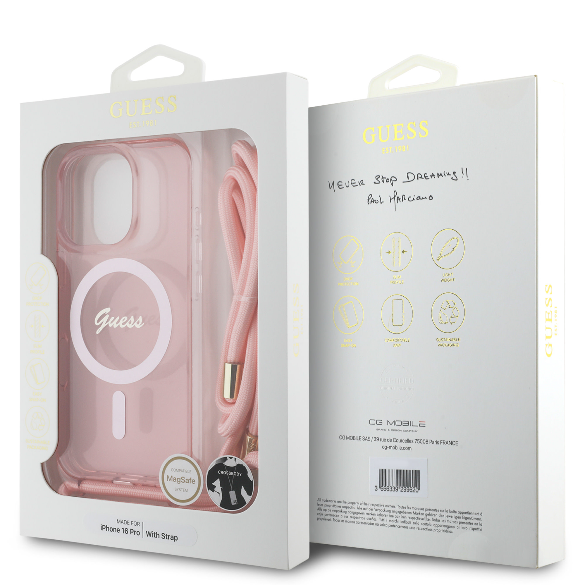 Guess Guess iPhone 16 Backcover hoesje - Magsafe IML crossbody cord script - Roze, foto 4 van 4