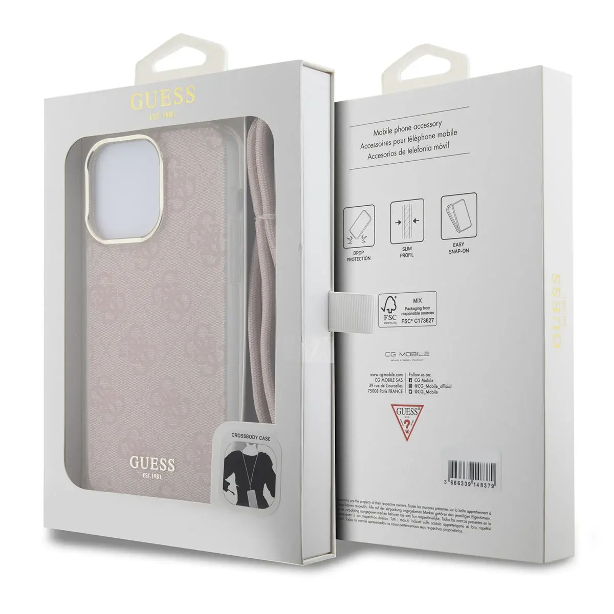 Guess Guess iPhone 16 Backcover hoesje Crossbody cord 4G print - Roze, foto 3 van 3