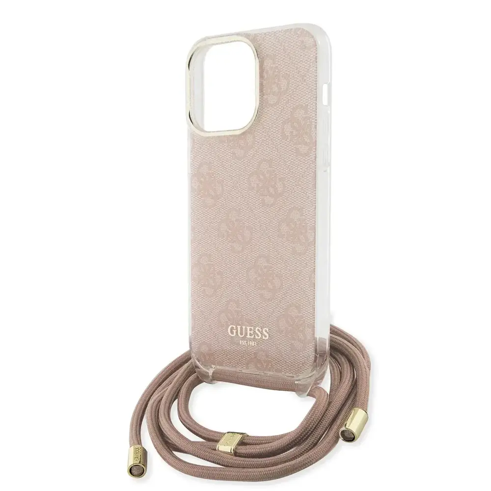 Guess Guess iPhone 16 Backcover hoesje Crossbody cord 4G print - Roze Guess Guess iPhone 16 Backcover hoesje Crossbody cord 4G print - Roze