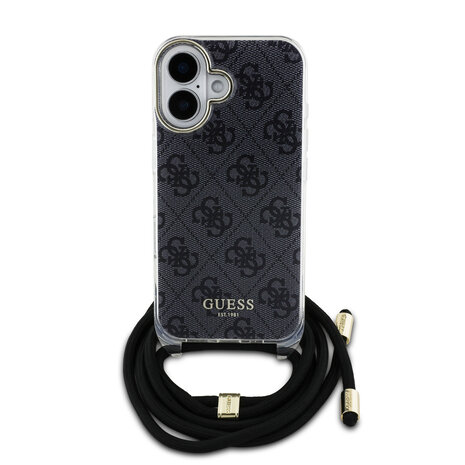 Guess Guess iPhone 16 Backcover hoesje Crossbody cord 4G print - Zwart Guess Guess iPhone 16 Backcover hoesje Crossbody cord 4G print - Zwart