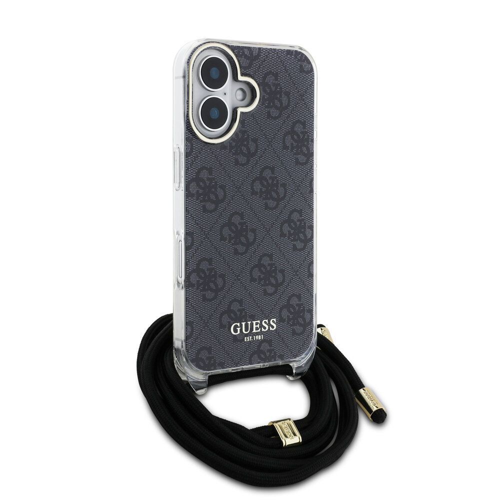 Guess Guess iPhone 16 Backcover hoesje Crossbody cord 4G print - Zwart Guess Guess iPhone 16 Backcover hoesje Crossbody cord 4G print - Zwart