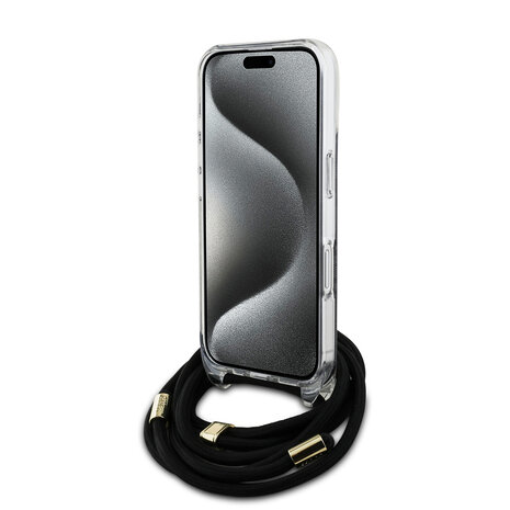 Guess Guess iPhone 16 Backcover hoesje Crossbody cord 4G print - Zwart Guess Guess iPhone 16 Backcover hoesje Crossbody cord 4G print - Zwart