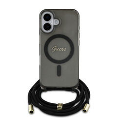 Guess iPhone 16 Back cover coque Magsafe IML crossbody cord script - Noir