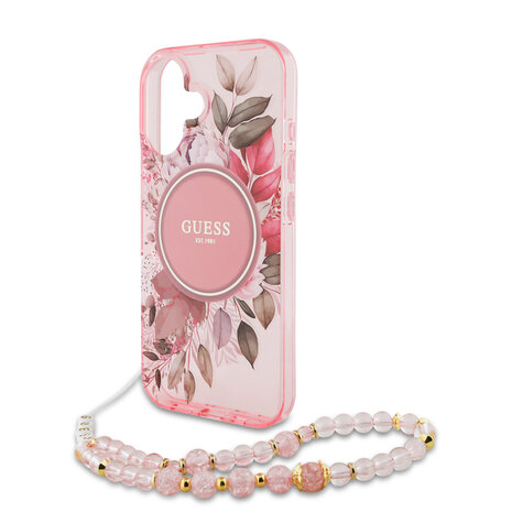 Guess Guess iPhone 16 Back cover coque Magsafe IML Flowers with pearl strap - Rose Guess Guess iPhone 16 Back cover coque Magsafe IML Flowers with pearl strap - Rose