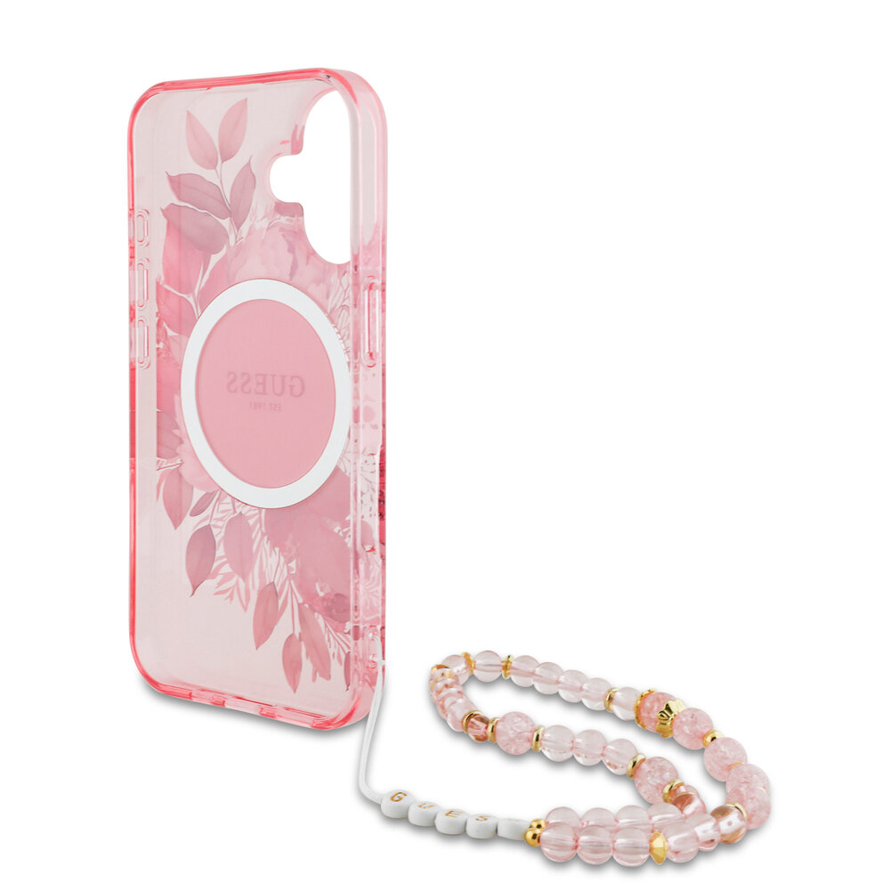Guess Guess iPhone 16 Back cover case - Magsafe IML Flowers with pearl strap - Pink Guess Guess iPhone 16 Back cover case - Magsafe IML Flowers with pearl strap - Pink