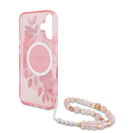 Guess Guess iPhone 16 Back cover case - Magsafe IML Flowers with pearl strap - Pink Guess Guess iPhone 16 Back cover case - Magsafe IML Flowers with pearl strap - Pink
