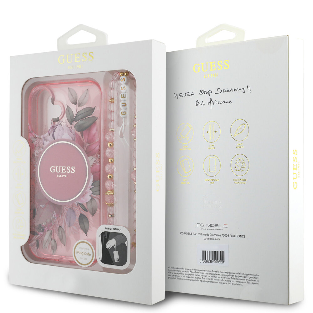 Guess Guess iPhone 16 Back-Cover hul - Magsafe IML Flowers with pearl strap - Rosa Guess Guess iPhone 16 Back-Cover hul - Magsafe IML Flowers with pearl strap - Rosa