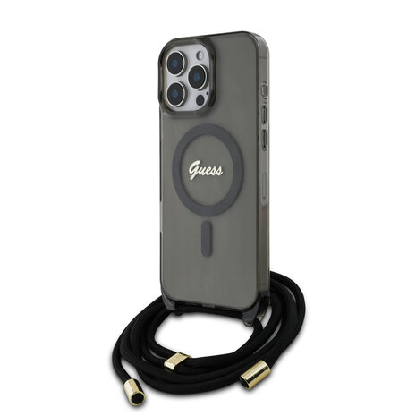 Guess Guess iPhone 16 Pro Max Backcover hoesje Magsafe IML crossbody cord script - Zwart Guess Guess iPhone 16 Pro Max Backcover hoesje Magsafe IML crossbody cord script - Zwart