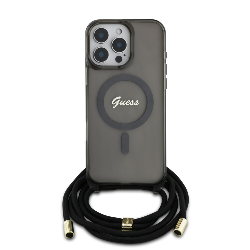 Guess Guess iPhone 16 Pro Max Backcover hoesje Magsafe IML crossbody cord script - Zwart Guess Guess iPhone 16 Pro Max Backcover hoesje Magsafe IML crossbody cord script - Zwart