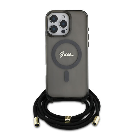 Guess Guess iPhone 16 Pro Max Backcover hoesje Magsafe IML crossbody cord script - Zwart Guess Guess iPhone 16 Pro Max Backcover hoesje Magsafe IML crossbody cord script - Zwart