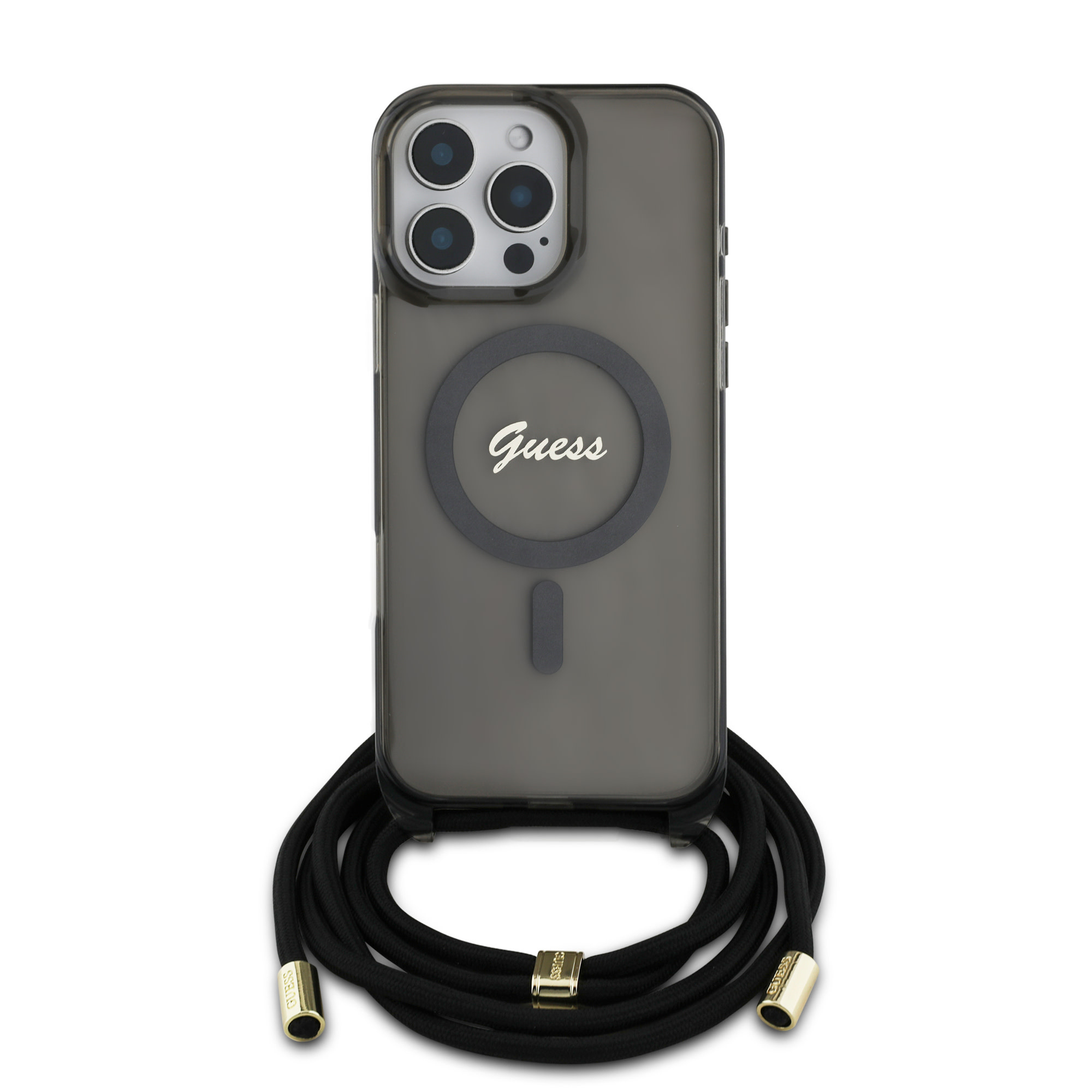 Guess Guess iPhone 16 Pro Max Backcover hoesje Magsafe IML crossbody cord script - Zwart