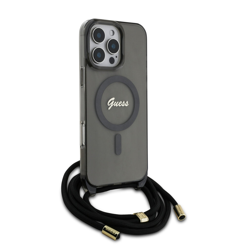 Guess Guess iPhone 16 Pro Max Backcover hoesje Magsafe IML crossbody cord script - Zwart Guess Guess iPhone 16 Pro Max Backcover hoesje Magsafe IML crossbody cord script - Zwart