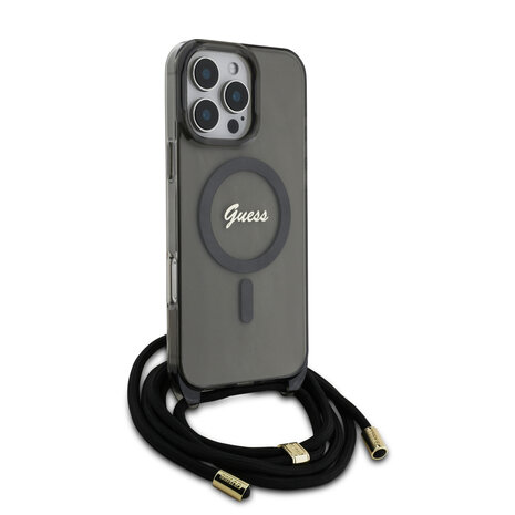 Guess Guess iPhone 16 Pro Max Backcover hoesje Magsafe IML crossbody cord script - Zwart Guess Guess iPhone 16 Pro Max Backcover hoesje Magsafe IML crossbody cord script - Zwart