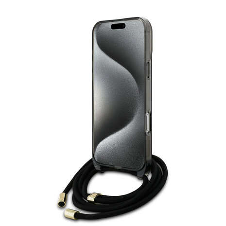 Guess Guess iPhone 16 Pro Max Backcover hoesje Magsafe IML crossbody cord script - Zwart Guess Guess iPhone 16 Pro Max Backcover hoesje Magsafe IML crossbody cord script - Zwart
