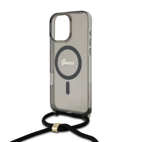 Guess Guess iPhone 16 Pro Max Backcover hoesje Magsafe IML crossbody cord script - Zwart Guess Guess iPhone 16 Pro Max Backcover hoesje Magsafe IML crossbody cord script - Zwart