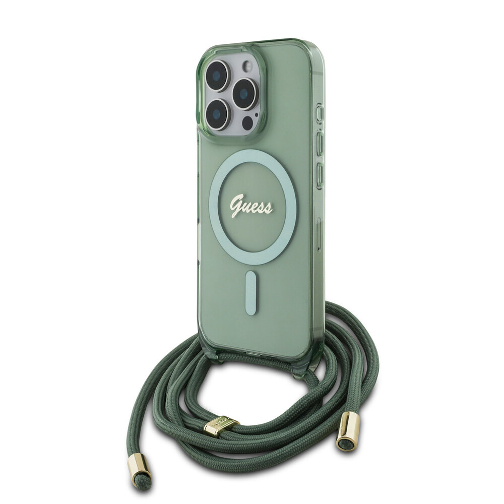Guess Guess iPhone 16 Pro Max Backcover hoesje Magsafe IML crossbody cord script - Groen Guess Guess iPhone 16 Pro Max Backcover hoesje Magsafe IML crossbody cord script - Groen