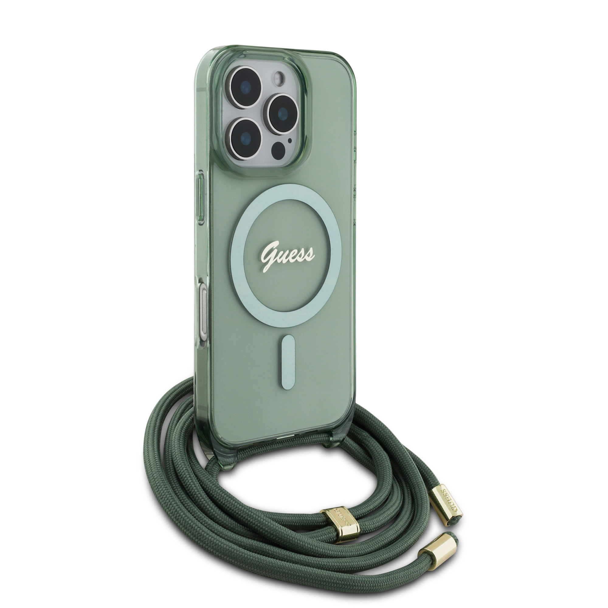 Guess Guess iPhone 16 Pro Max Backcover hoesje Magsafe IML crossbody cord script - Groen, foto 3 van 6