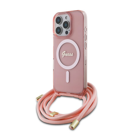 Guess Guess iPhone 16 Pro Max Back cover case - Magsafe IML crossbody cord script - Pink Guess Guess iPhone 16 Pro Max Back cover case - Magsafe IML crossbody cord script - Pink