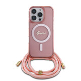 Guess Guess iPhone 16 Pro Max Backcover hoesje Magsafe IML crossbody cord script - Roze Guess Guess iPhone 16 Pro Max Backcover hoesje Magsafe IML crossbody cord script - Roze