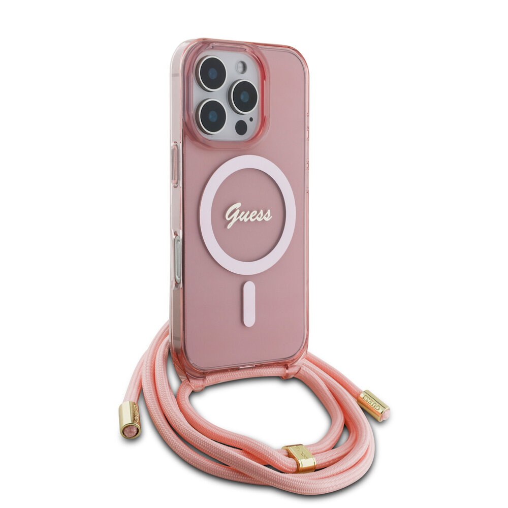 Guess Guess iPhone 16 Pro Max Back-Cover hul - Magsafe IML crossbody cord script - Rosa Guess Guess iPhone 16 Pro Max Back-Cover hul - Magsafe IML crossbody cord script - Rosa