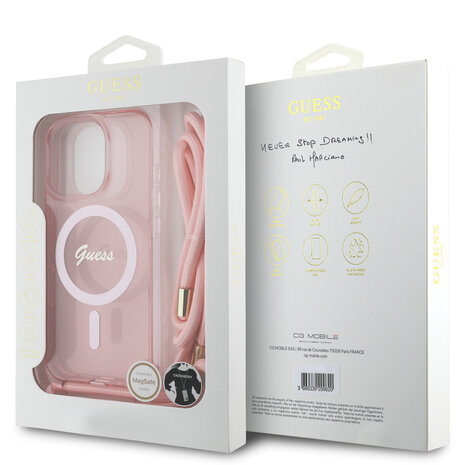 Guess Guess iPhone 16 Pro Max Back cover case - Magsafe IML crossbody cord script - Pink Guess Guess iPhone 16 Pro Max Back cover case - Magsafe IML crossbody cord script - Pink