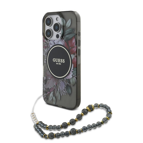 Guess Guess iPhone 16 Pro Max Back-Cover hul - Magsafe IML Flowers with pearl strap - Schwarz