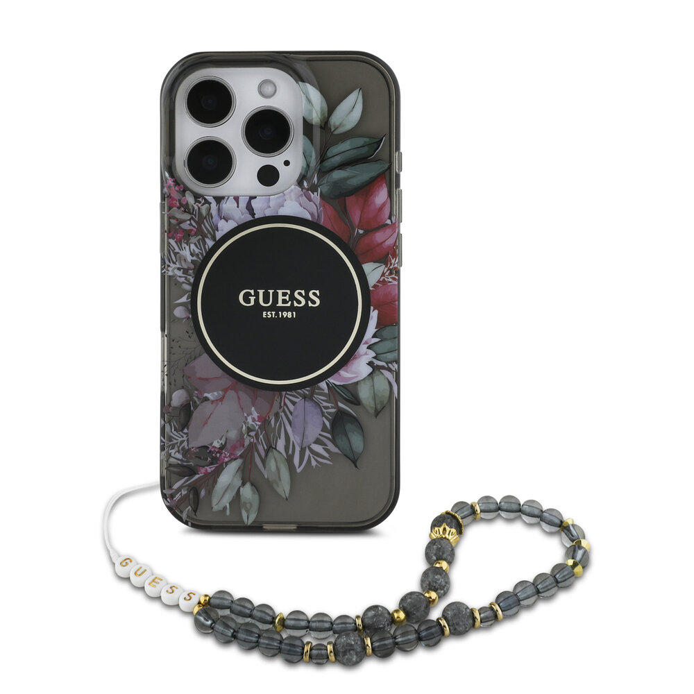 Guess Guess iPhone 16 Pro Max Back-Cover hul - Magsafe IML Flowers with pearl strap - Schwarz Guess Guess iPhone 16 Pro Max Back-Cover hul - Magsafe IML Flowers with pearl strap - Schwarz