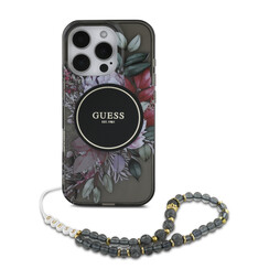 Guess iPhone 16 Pro Max Back cover case - Magsafe IML Flowers with pearl strap - Black