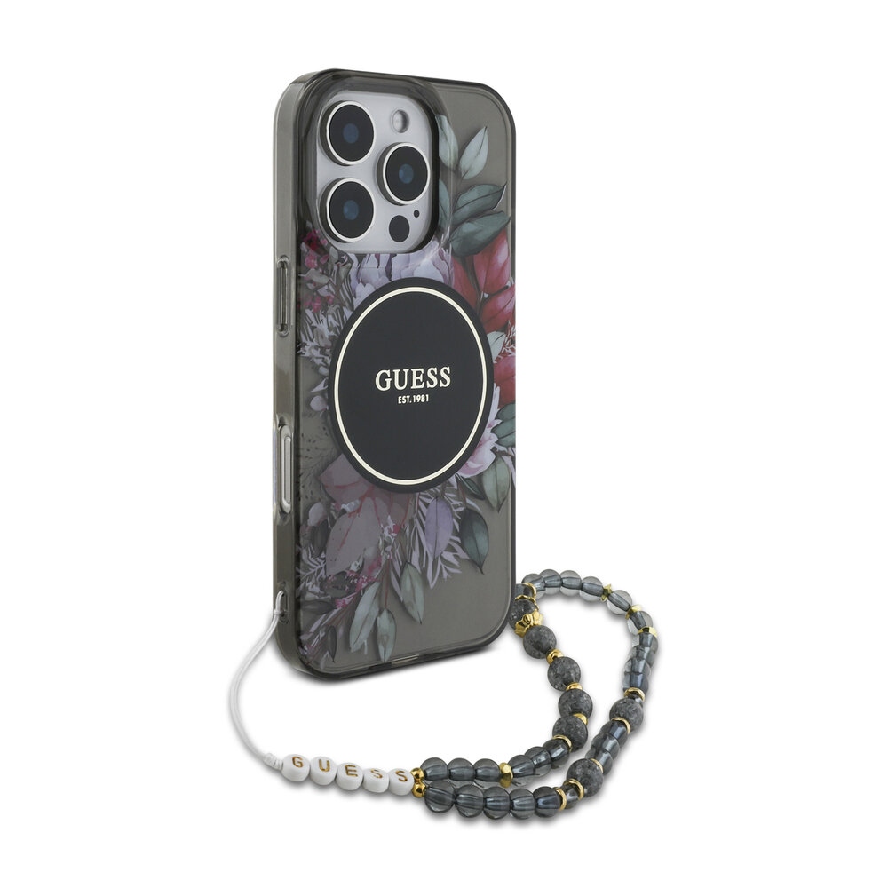 Guess Guess iPhone 16 Pro Max Back cover case - Magsafe IML Flowers with pearl strap - Black Guess Guess iPhone 16 Pro Max Back cover case - Magsafe IML Flowers with pearl strap - Black