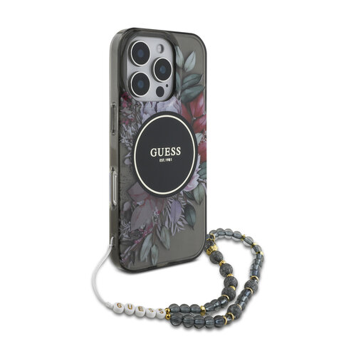 Guess Guess iPhone 16 Pro Max Backcover hoesje Magsafe IML Flowers with pearl strap - Zwart