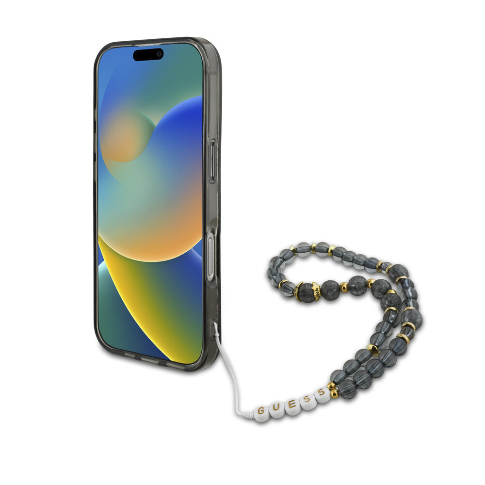 Guess Guess iPhone 16 Pro Max Back cover case - Magsafe IML Flowers with pearl strap - Black Guess Guess iPhone 16 Pro Max Back cover case - Magsafe IML Flowers with pearl strap - Black