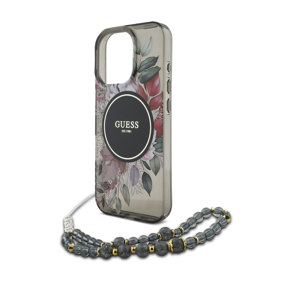 Guess Guess iPhone 16 Pro Max Back cover case - Magsafe IML Flowers with pearl strap - Black Guess Guess iPhone 16 Pro Max Back cover case - Magsafe IML Flowers with pearl strap - Black
