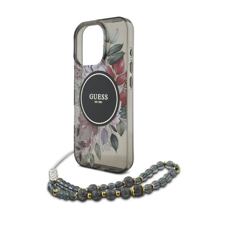 Guess Guess iPhone 16 Pro Max Back cover case - Magsafe IML Flowers with pearl strap - Black Guess Guess iPhone 16 Pro Max Back cover case - Magsafe IML Flowers with pearl strap - Black