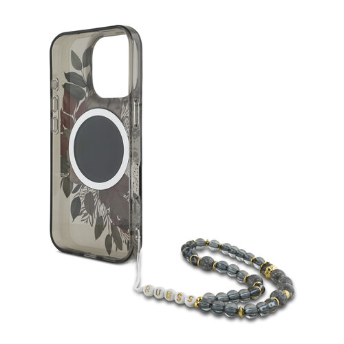 Guess Guess iPhone 16 Pro Max Back-Cover hul - Magsafe IML Flowers with pearl strap - Schwarz