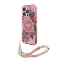 Guess Guess iPhone 16 Pro Max Backcover hoesje Magsafe IML Flowers with pearl strap - Roze