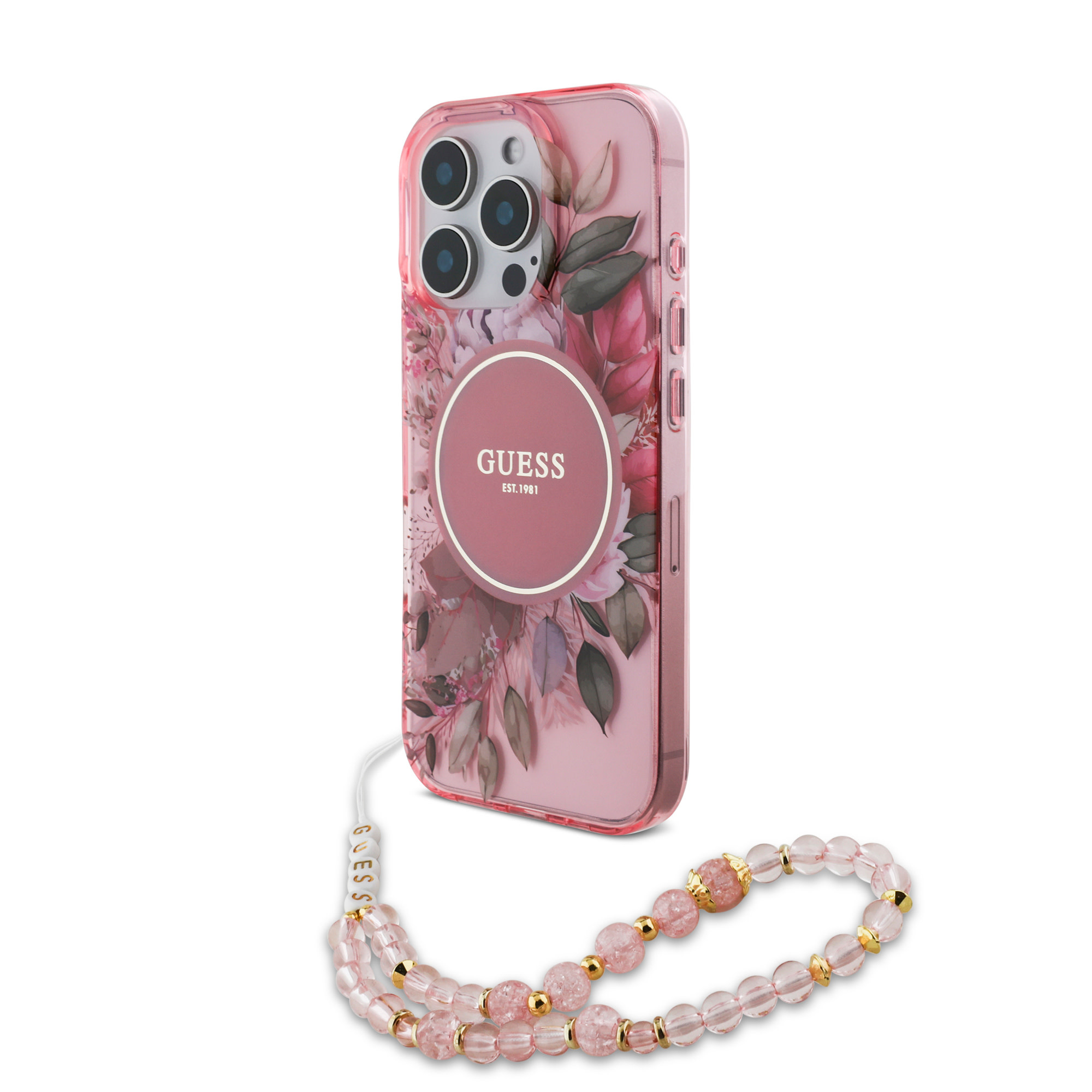 Guess Guess iPhone 16 Pro Max Backcover hoesje Magsafe IML Flowers with pearl strap - Roze, foto 2 van 6