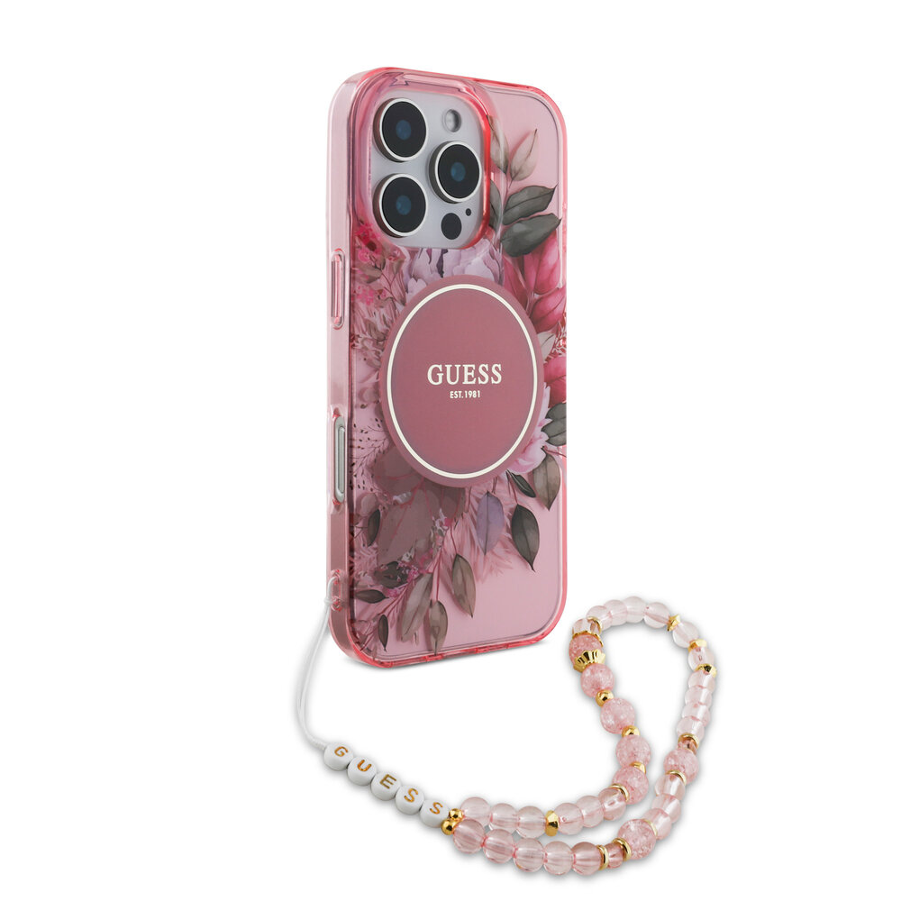 Guess Guess iPhone 16 Pro Max Back-Cover hul - Magsafe IML Flowers with pearl strap - Rosa Guess Guess iPhone 16 Pro Max Back-Cover hul - Magsafe IML Flowers with pearl strap - Rosa