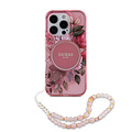 Guess Guess iPhone 16 Pro Max Back cover coque Magsafe IML Flowers with pearl strap - Rose