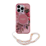 Guess Guess iPhone 16 Pro Max Back cover case - Magsafe IML Flowers with pearl strap - Pink Guess Guess iPhone 16 Pro Max Back cover case - Magsafe IML Flowers with pearl strap - Pink
