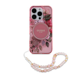 Guess Guess iPhone 16 Pro Max Back-Cover hul - Magsafe IML Flowers with pearl strap - Rosa Guess Guess iPhone 16 Pro Max Back-Cover hul - Magsafe IML Flowers with pearl strap - Rosa