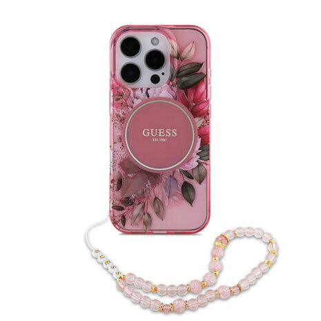 Guess Guess iPhone 16 Pro Max Back-Cover hul - Magsafe IML Flowers with pearl strap - Rosa Guess Guess iPhone 16 Pro Max Back-Cover hul - Magsafe IML Flowers with pearl strap - Rosa