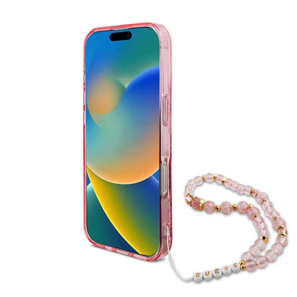 Guess Guess iPhone 16 Pro Max Back-Cover hul - Magsafe IML Flowers with pearl strap - Rosa Guess Guess iPhone 16 Pro Max Back-Cover hul - Magsafe IML Flowers with pearl strap - Rosa