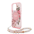 Guess Guess iPhone 16 Pro Max Backcover hoesje Magsafe IML Flowers with pearl strap - Roze