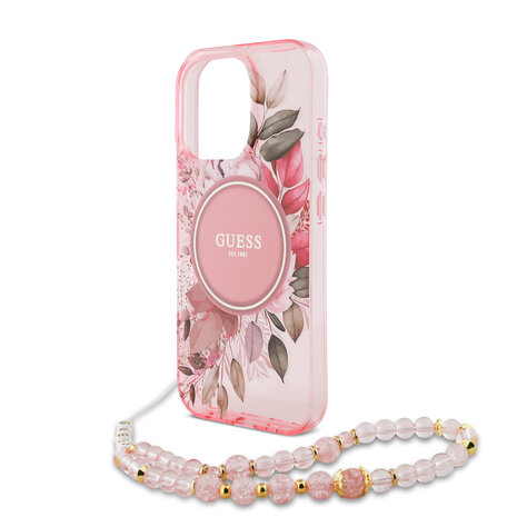 Guess Guess iPhone 16 Pro Max Back-Cover hul - Magsafe IML Flowers with pearl strap - Rosa Guess Guess iPhone 16 Pro Max Back-Cover hul - Magsafe IML Flowers with pearl strap - Rosa