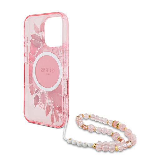 Guess Guess iPhone 16 Pro Max Back-Cover hul - Magsafe IML Flowers with pearl strap - Rosa