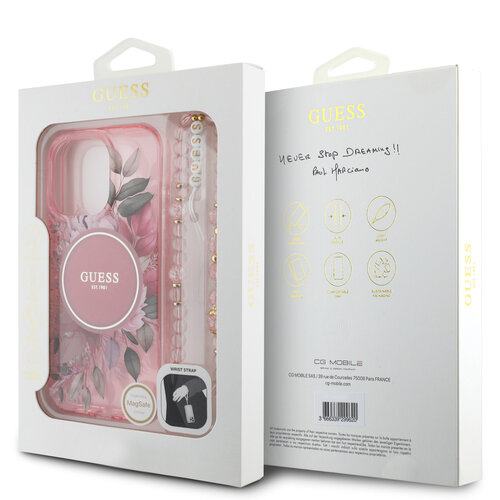 Guess Guess iPhone 16 Pro Max Back-Cover hul - Magsafe IML Flowers with pearl strap - Rosa