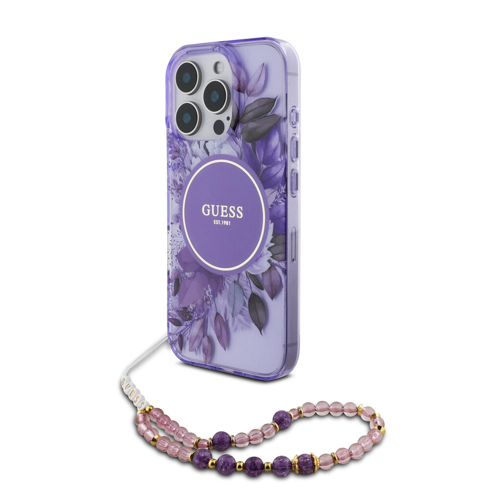 Guess Guess iPhone 16 Pro Max Back-Cover hul - Magsafe IML Flowers with pearl strap - Lila Guess Guess iPhone 16 Pro Max Back-Cover hul - Magsafe IML Flowers with pearl strap - Lila