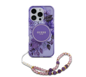 Guess Guess iPhone 16 Pro Max Back cover case - Magsafe IML Flowers with pearl strap - Purple Guess Guess iPhone 16 Pro Max Back cover case - Magsafe IML Flowers with pearl strap - Purple